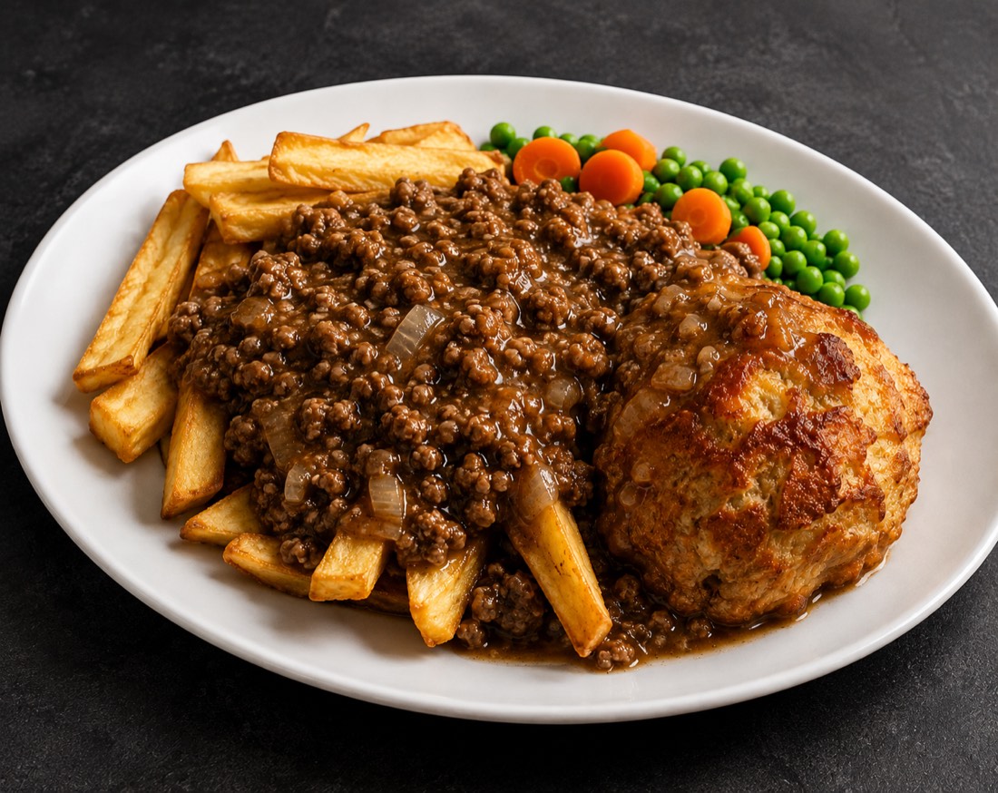 Mince and dumplings with chips, peas and carrots