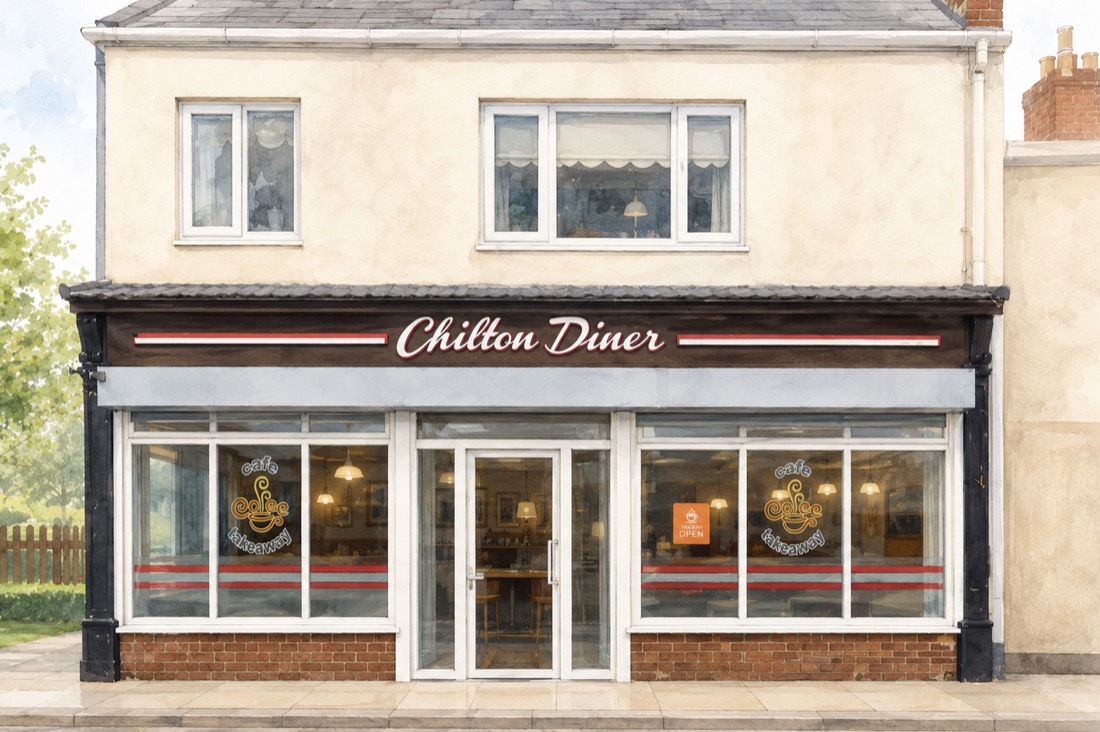 The front of Chilton Diner on Front Street — dark shopfront with the name in white script above the windows