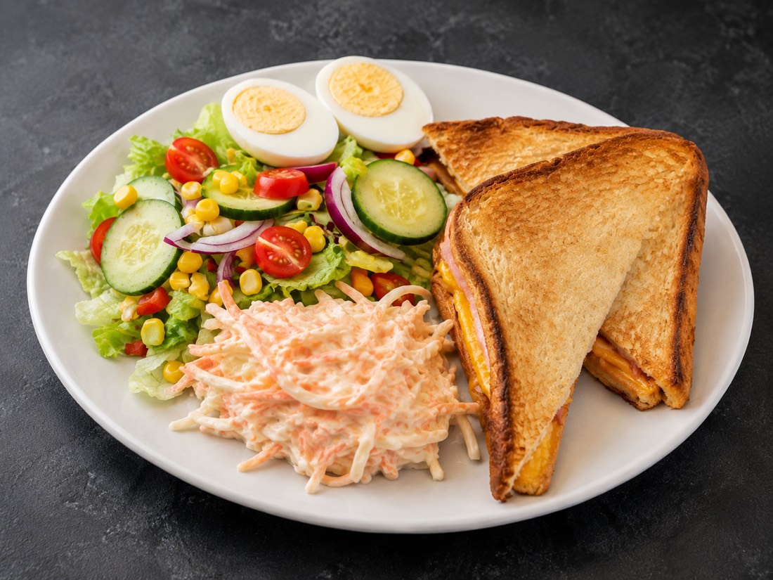A toasted ham and cheese sandwich with salad and coleslaw